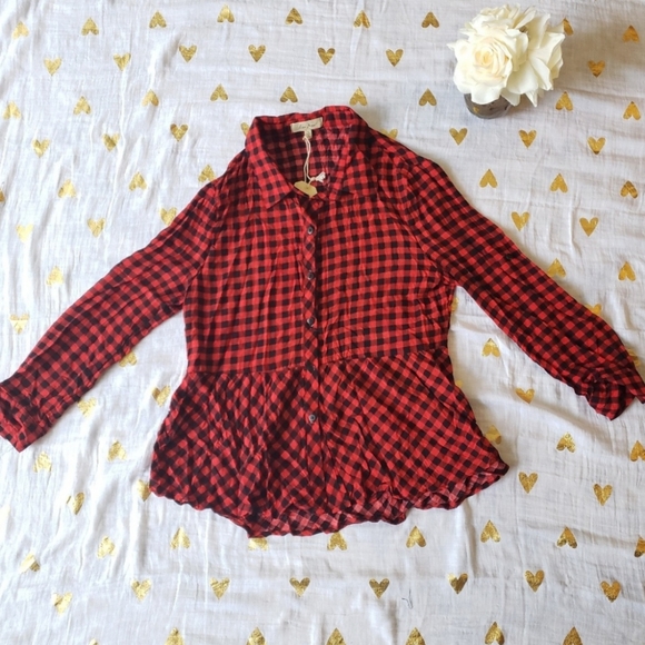 LOVE NOTES BUFFALO RED PLAID PEPLUM TOP  SZ M - Picture 3 of 8